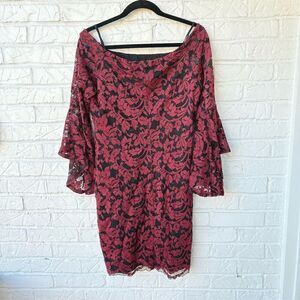 Karen Kane Women's L Burgundy Lace Off-The-Shoulder Knee Dress Party/Cocktail